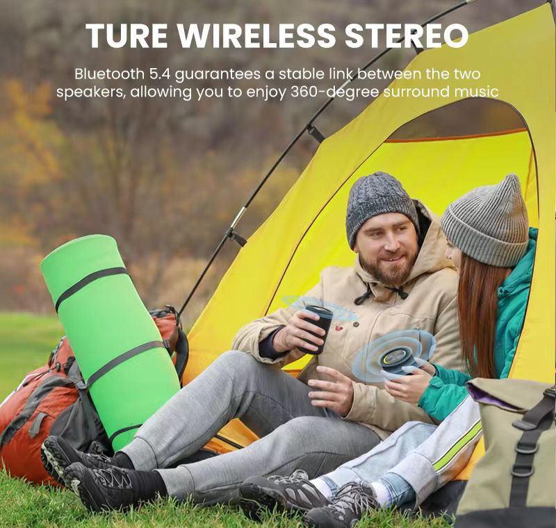 مكبر صوت لاسلكي مقاوم للماء TWS بصوت ستيريو وإضاءة LED – مثالي للسفر والمنزل والأنشطة الخارجية